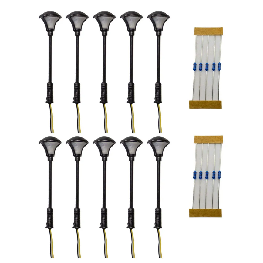 

10pcs Model Railway Metal Street Light Lamps For Painted Black Model Making 10 Lights + 10 Resistors Warm Light 3.5cm