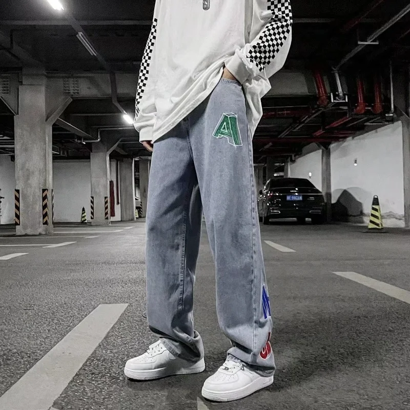 Men's Denim Pants Fashion Loose Wide Leg Jeans Casual Streetwear Printed Cross Trousers Pure Cotton Pants Baggy Men Jeans