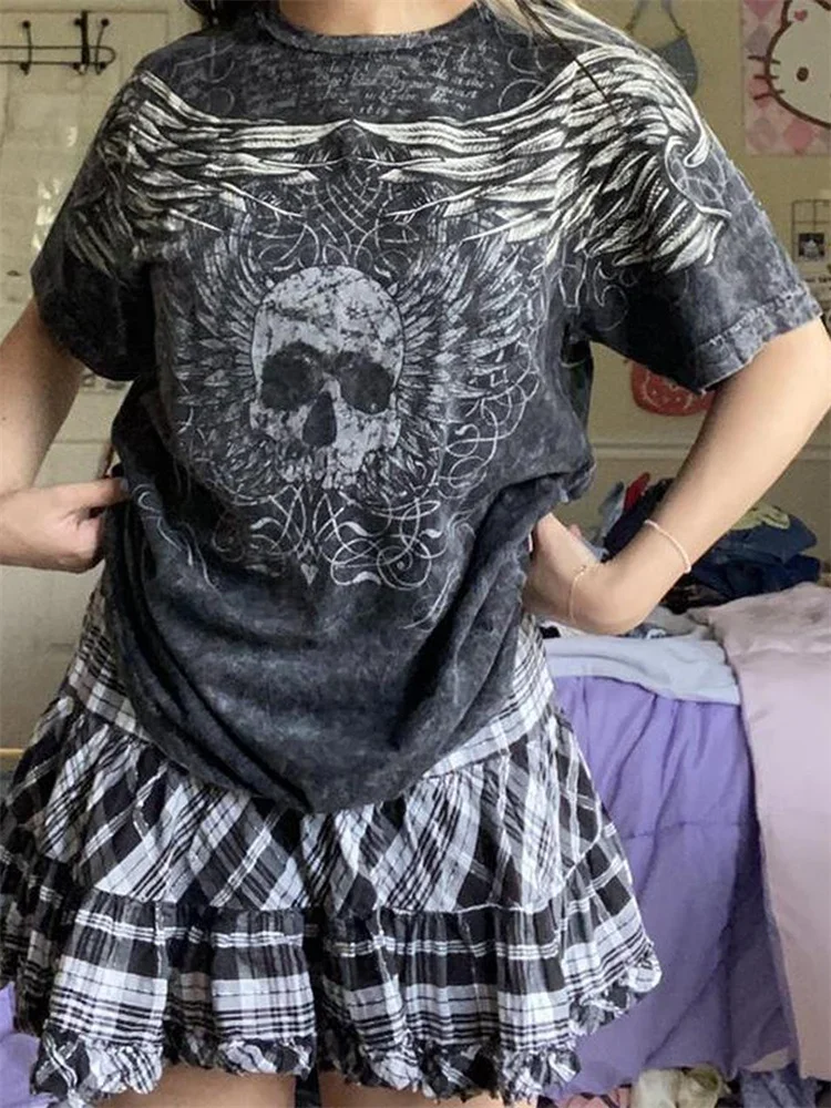 Женская футболка с коротким рукавом винтажная готическая принтом черепа