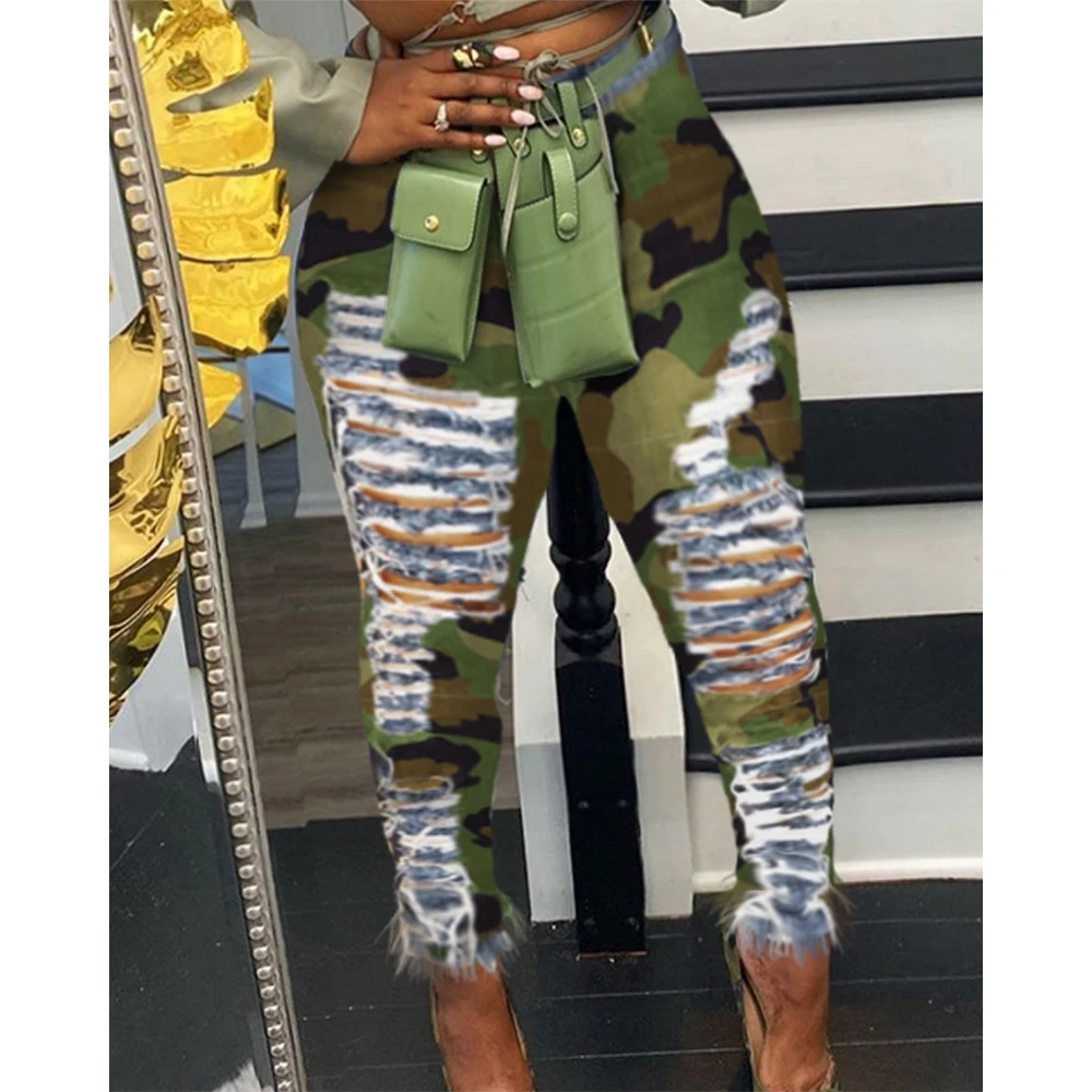 

Camouflage Print Ripped Cutout Fringe Hem Jeans Spring Fashion Lady Slim Fit Denim Skinny Pants Fashion Femme Long Trouses