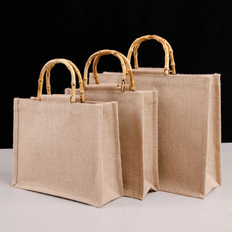 

Portable Burlap Jute Shopping Bag Handbag Bamboo Loop Handles Tote Retro DIY Bag Handbag Women Big Size Beach Bag For Girls