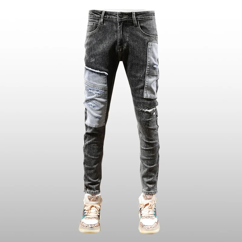 High Street Fashion Men Jeans Retro Black Gray Elastic Skinny Fit Ripped Jeans Men Patched Designer Hip Hop Stretch Pants Hombre