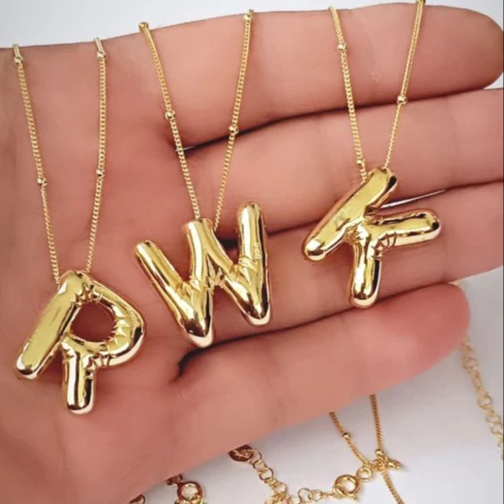 

Gold Plated Stainless Steel Chunky Alphabet Chubby Helium Balloon Bubble Initial Letter Pendant Necklace for Women