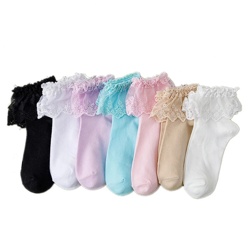 Lolita Frilly Socks Ruffle Princess Cotton Ankle Socks Ladies Girl's Lace Soft Comfortable Candy Color Middle Tube Hoseiry