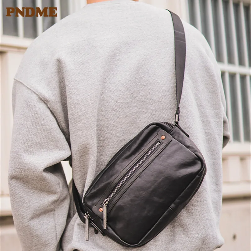 PNDME high quality genuine leather men's black crossbody bag outdoor casual handmade luxury natural real cowhide shoulder bag.