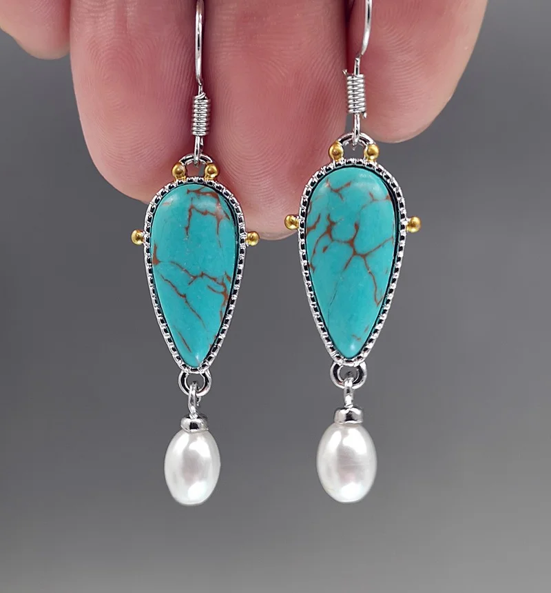 

Boho Turquoise with Pearl Drop Drop Earrings Vintage Dynamic Antique Pearl Drop Earring Jewelry