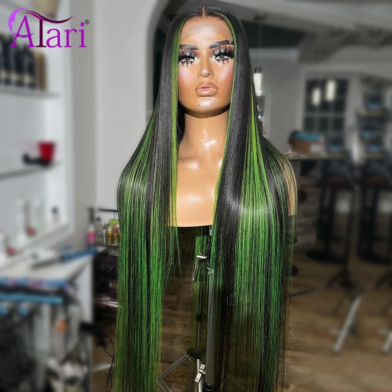 Green Highlight 13x4 Lace Front Wig Brazilian Virgin Straight Human Hair Wigs for Women 180%Density Transparent 5x5 Closure Wig