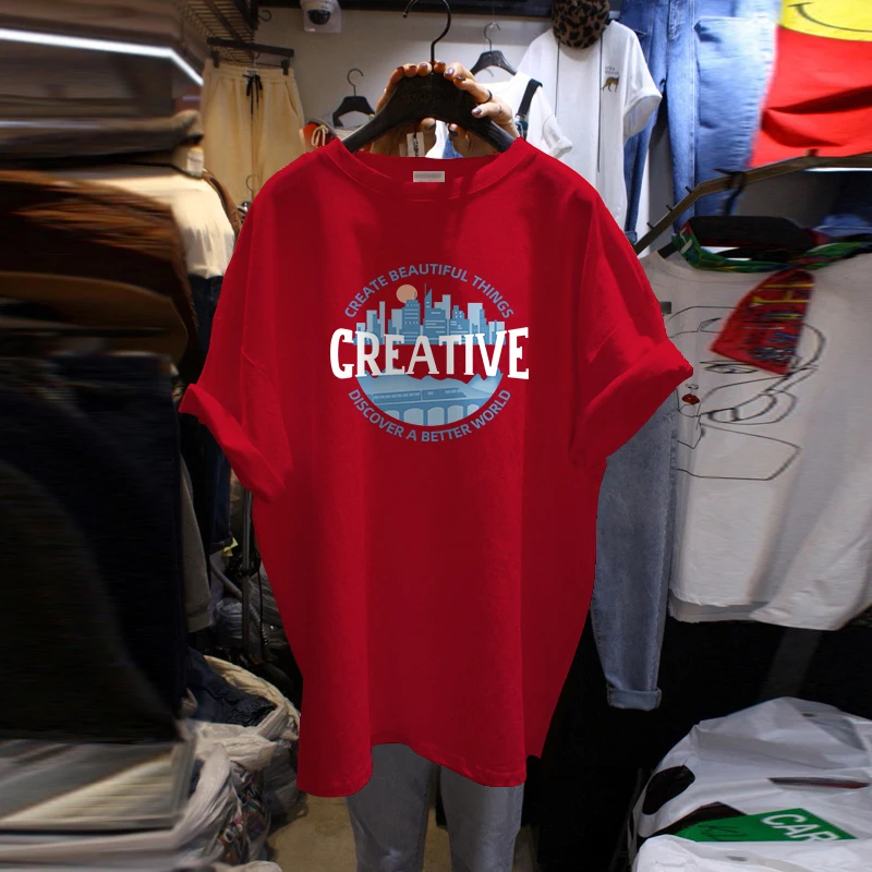 INS модная хлопковая футболка средней длины с буквенным принтом и короткими