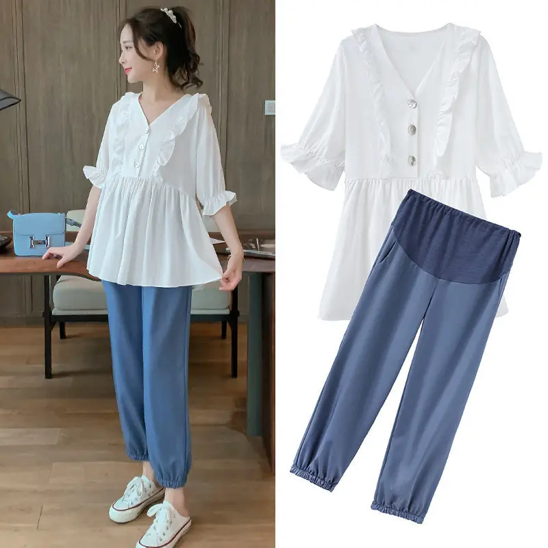 

Women Summer Suit Fashion 2022 Maternity Chiffon Shirt Top + Pant Female Summer Casual Two-piece Set
