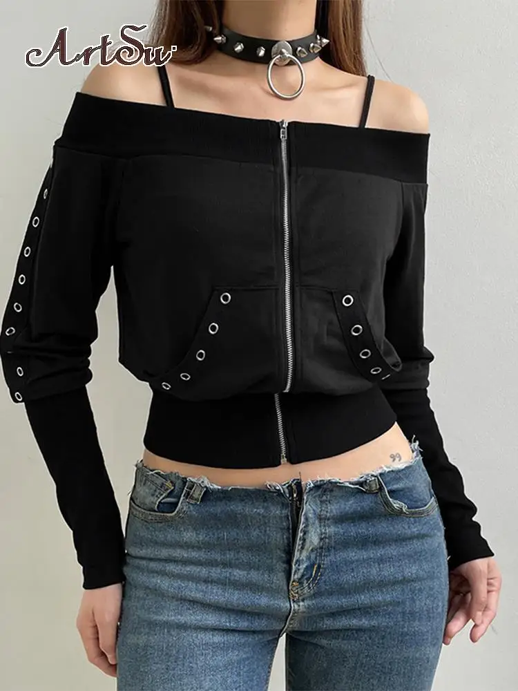 

Artsu Off Shoulder Zip Up Long Sleeve Corset Jackets Women Eyelet Punk Gothic Techwear Black Crop Streetwear Tops ASCO86375