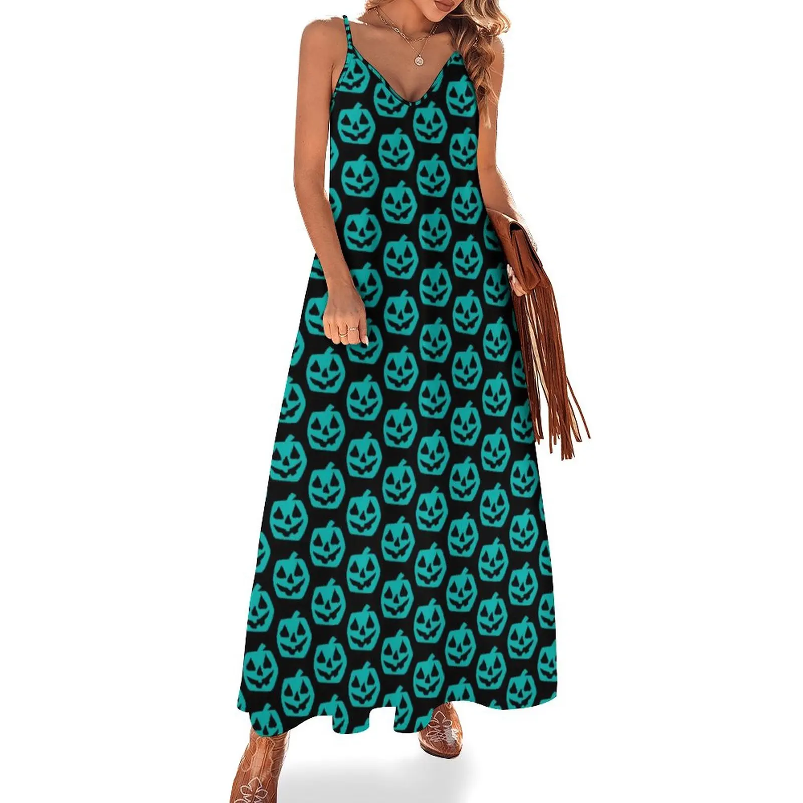 

Halloween Dress Teal Pumpkin Print Aesthetic V Neck Bohemia Long Dresses Women Custom Sexy Maxi Dress 3XL 4XL 5XL