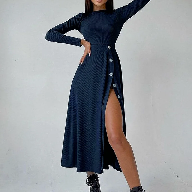 

Side Slit Knit Button Female Long-sleeved Mid-length Dress Elegant Temperament Knitted Sweater Robe Female Party Dress Vintage