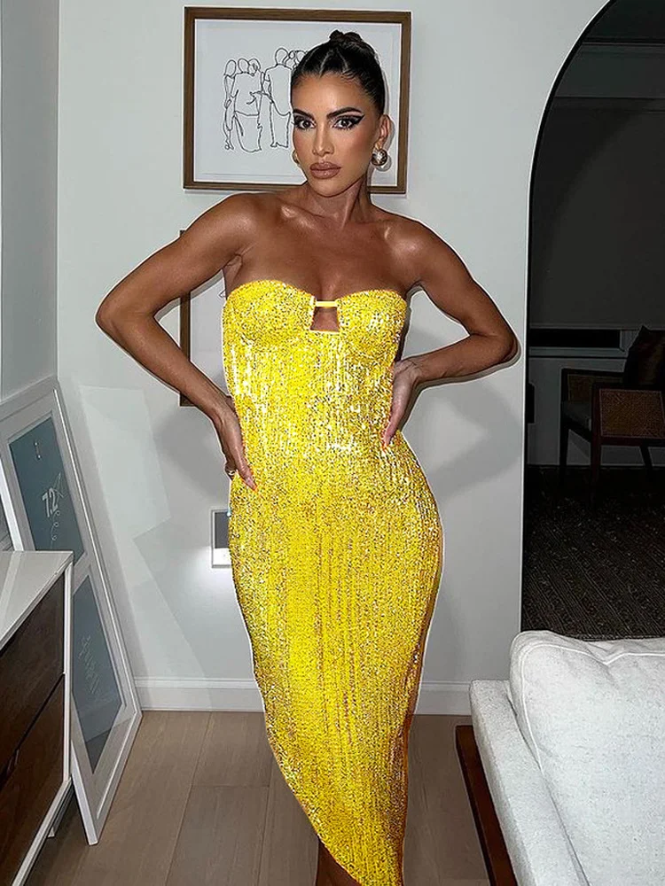 

Fashion Strapless High Waist Asymmetrical Sequins Dress Night Club Streetwear Woman Sexy Backless Mid-calf Bodycon Party Outfits