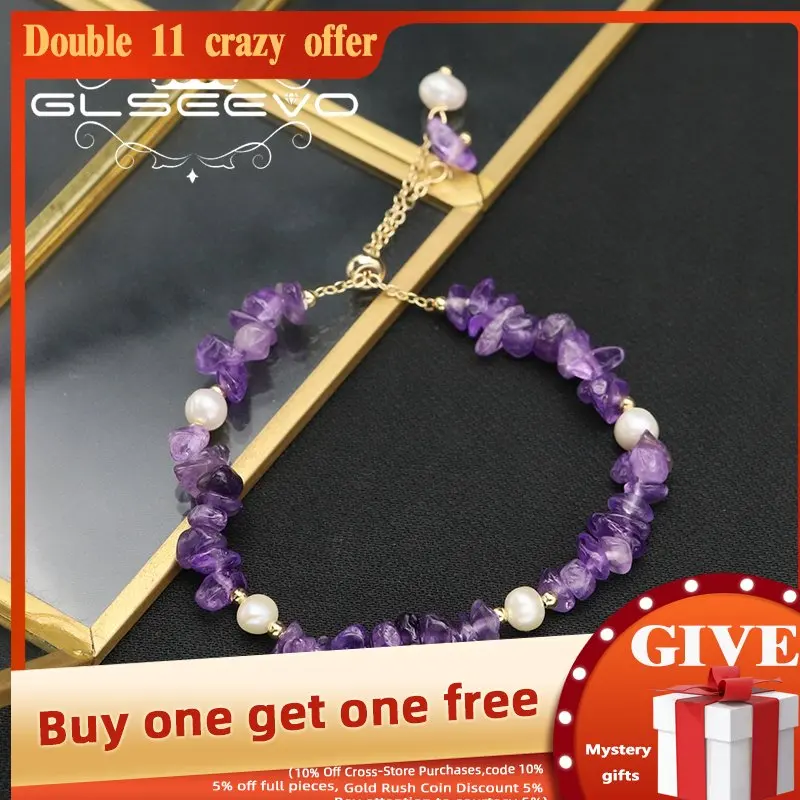 

GLSEEVO Amethyst Natural Freshwater Pearls Woman Adjustable Bracelet Elegance Personality Minimalism Luxury Jewelry Friends Gift