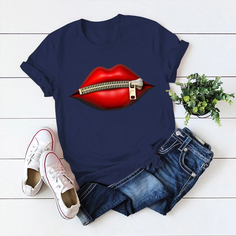 

Indie Lips Printed T-shirts Summer Women Fashion O-Neck Short Sleeve Graphic T-shirts 2021 Simple Casual Plus Size Harajuku Tops