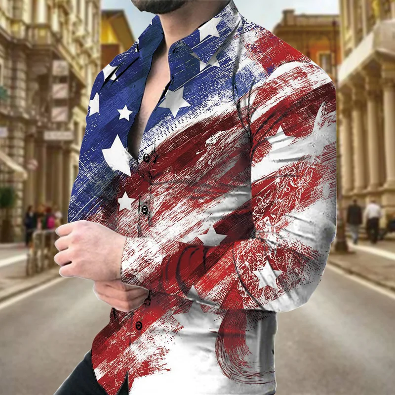 

2023spring New Men3ddigital Printing Huamei Flag Casual Long-sleeved Lapel Shirt Foreign Trade Men's Clothing