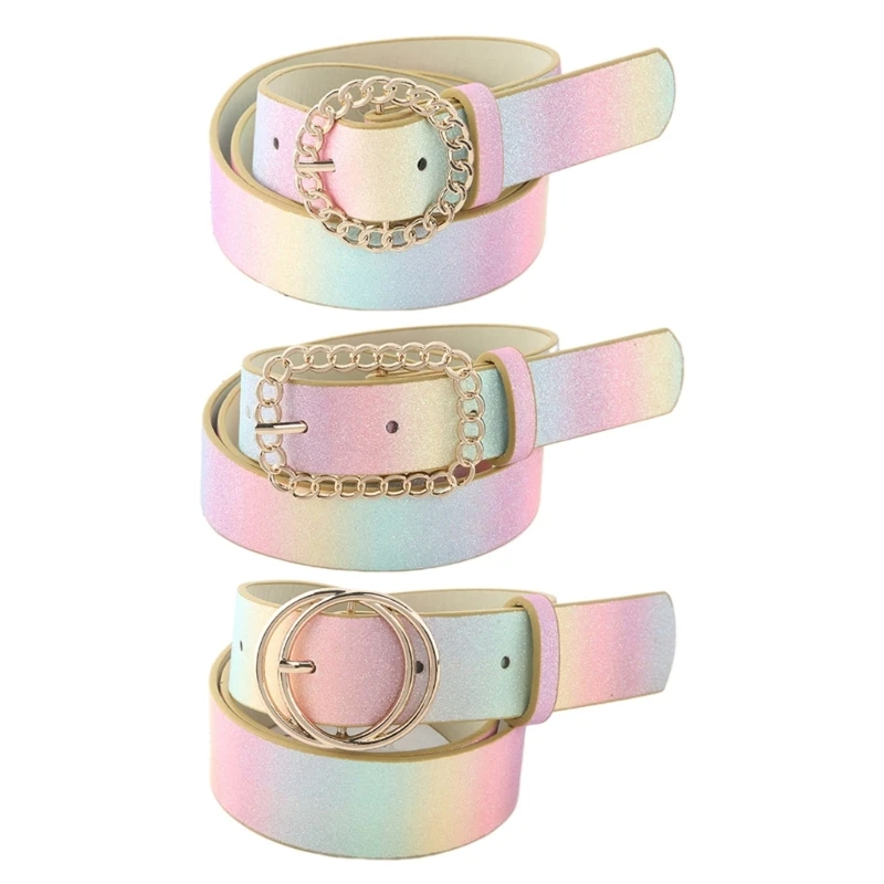 

Rainbow Color Women Belt Vintage Bohemian Adjustable Shinning Powder Wide Belt Women Dress Shirt Waist Seal Belt