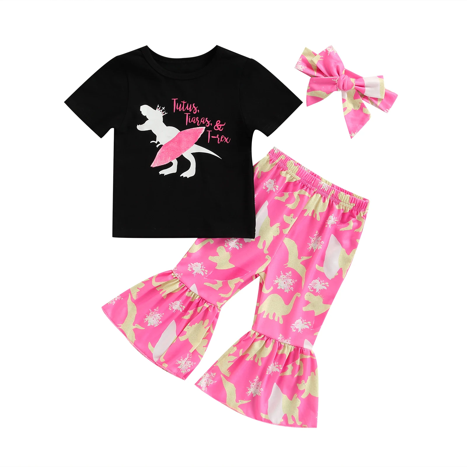 

Toddler Kids Baby Girls Clothing Summer Casual Sets Letter Dinosaur Printed Short Sleeve T-shirts Flared Pant with Bow Headband