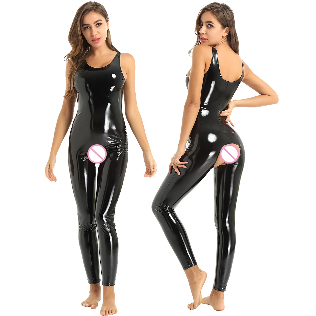 

Женское пикантное Лакированное кожаное трико, цельный комбинезон, Клубная одежда, комбинезон без рукавов, с U-образным вырезом и вырезами, к...