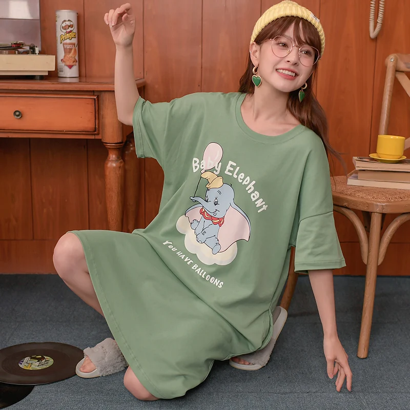 Disney Cartoon Dumbo Cute Kawaii Cotton Night Sleepshirts for Women Short Sleeve Loose Sleepwear Home Service Nightgown Summer