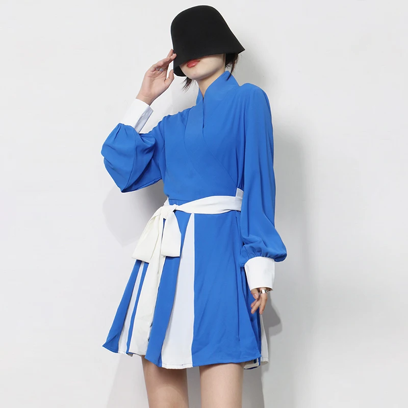 

Blue Color Patchwork Women Casual Dresses Retro Lantern Sleeve Loose Mini Dress Female Spring Clothing New