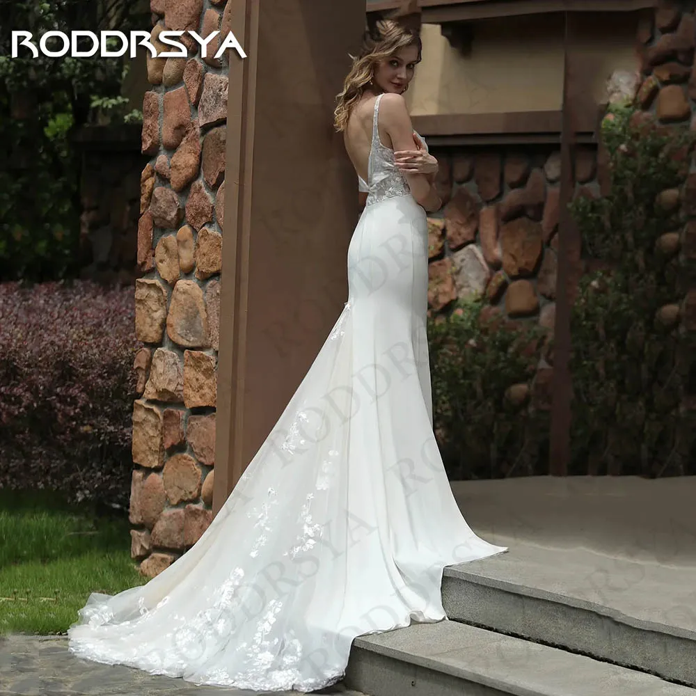 Фото RODDRSYA Свадебные платья для женщин 2024 Русалка съемные с пышными рукавами аппликация квадратный вырез с открытой спиной Свадебные платья халат для невесты Свадебные платья для женщин 2024 Русалка  Съемные рукава с а №4