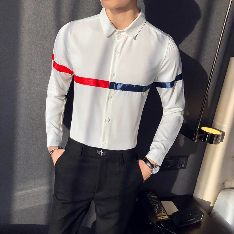 British Striped Men Shirts Slim Long Sleeve Casual Shirt Business Formal Dress Clothes Streetwear Social Nightclub Camisas Homme