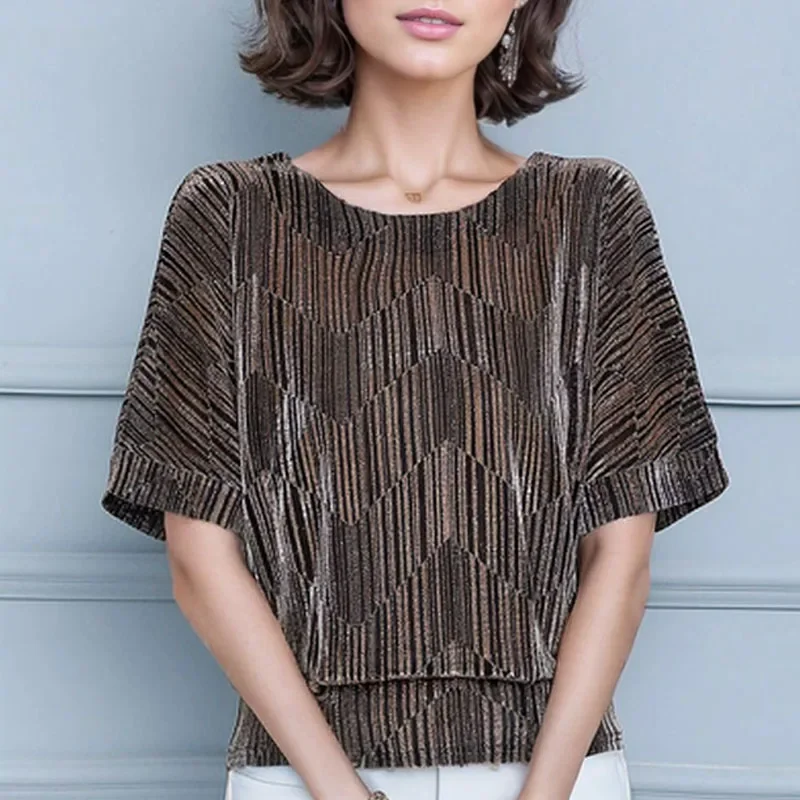 Женская блестящая блузка с круглым вырезом блестками