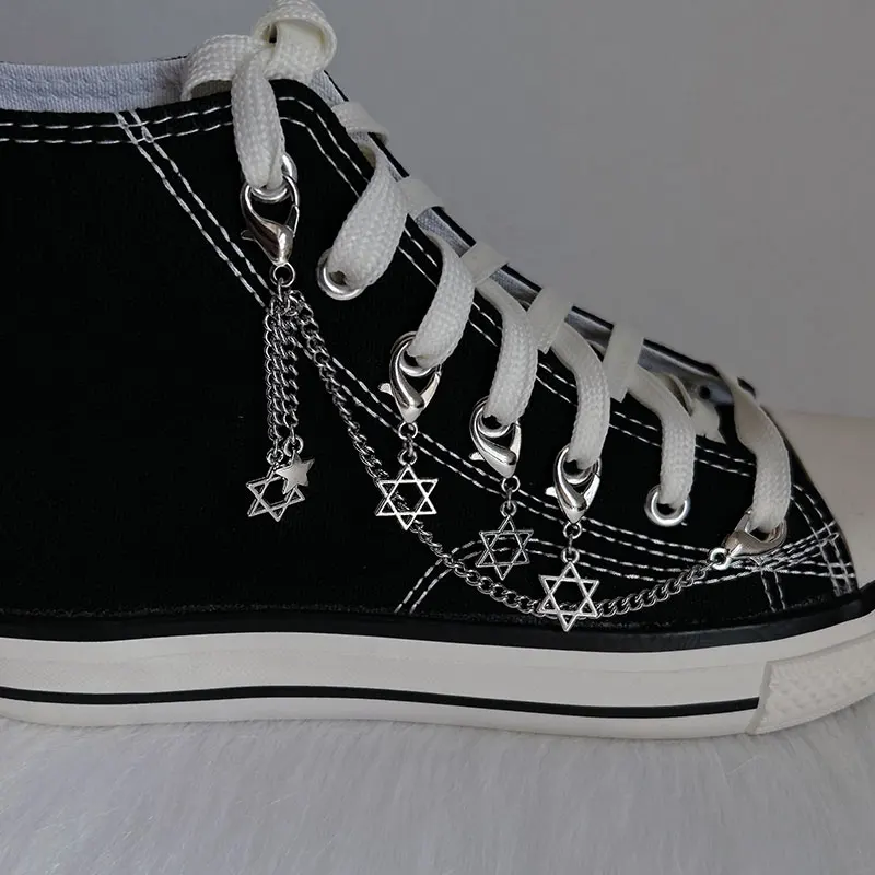 2PCS Stainless Steel Double Heart Chains Shoe Buckles Magen David Star Pendant Shoes Punk Couple Jewelry Accessories Wholesale