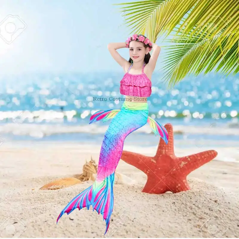 Mermaid Tail For Swimming Kids Girls Cosplay Colorful Bikini Bathing Suit Beach Dress Flippers Fin Cap Anime Costume |
