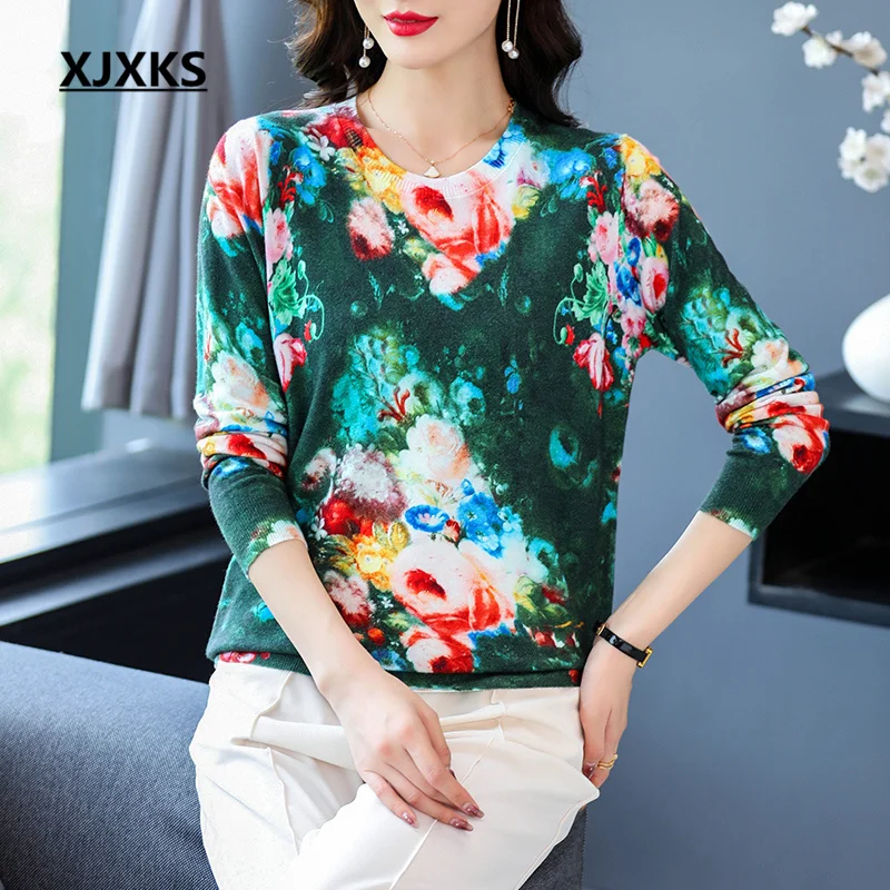 

XJXKS 2022 Autumn Winter Latest Wool Knitted Pullover Women's Print Sweater Loose Plus Size Sueters De Mujer