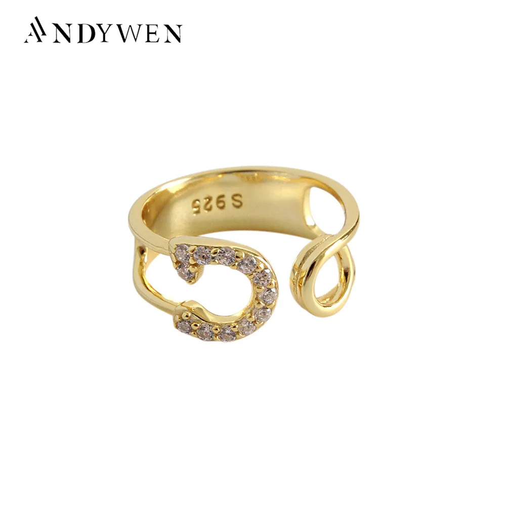 

ANDYWEN 925 Sterling Silver Gold Pin Cuffs Resizable Rings 2020 European Fashion Luxury Crystal Adjustable Ring Party Jewelry