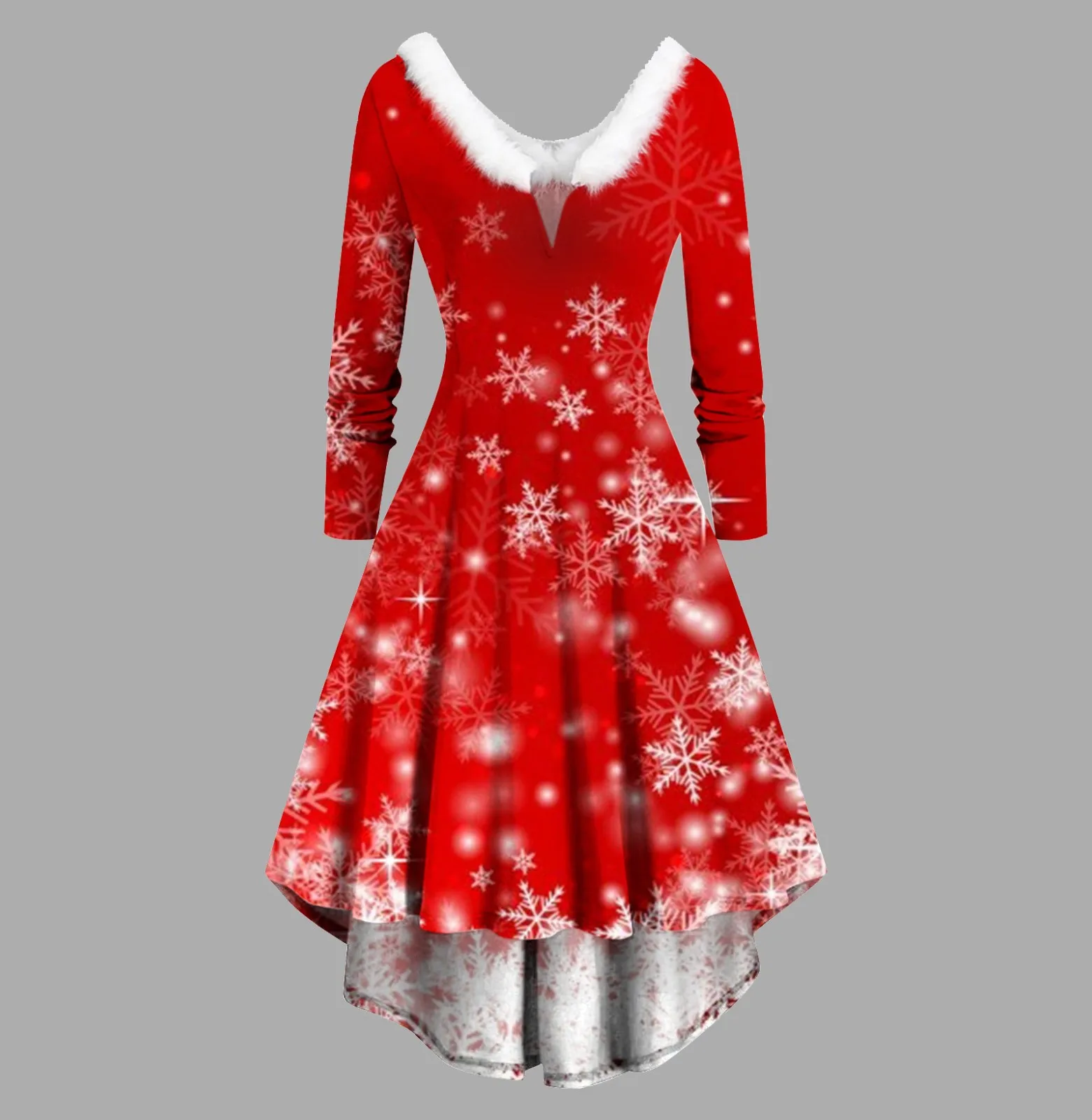 

Christmas Holiday Party Dress Women Faux Fur Collar V Neck Red Snowflake Print Dress Long Sleeve Rockabilly Women Winter Dresses