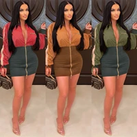 adogirl color patchwork zipper skinny mini dress for women long sleeve lace up sweater short vestidos streetwear spring outfits
