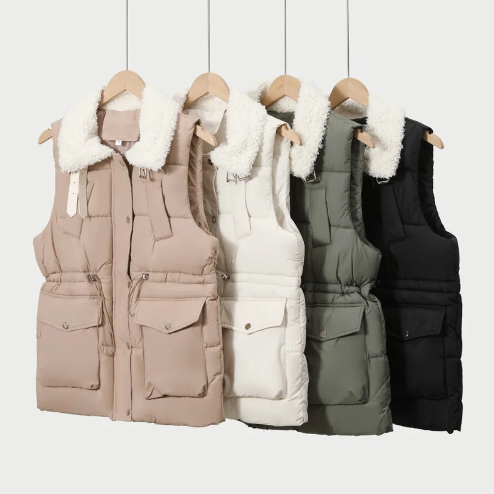 

VE Elegant Lace Up Autumn Winter Vests Women Design Patchwork Wool Warm Sleeveless Jacket Lapel Oversize Padded Cotton Waistcoat