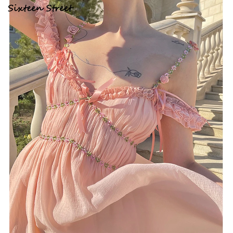 

Женское платье на бретелях-спагетти, розовое элегантное платье с V-образным вырезом и высокой талией без рукавов, лето 2022