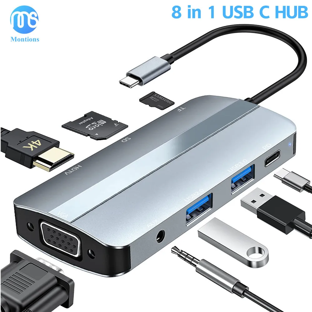 

8 in 1 USB C Hub Docking Station Type C To 4K HDMI Adapter OTG with VGA Thunderbolt 3 PD USB3.0 SD/TF 3.5mm for MacBook Laptop