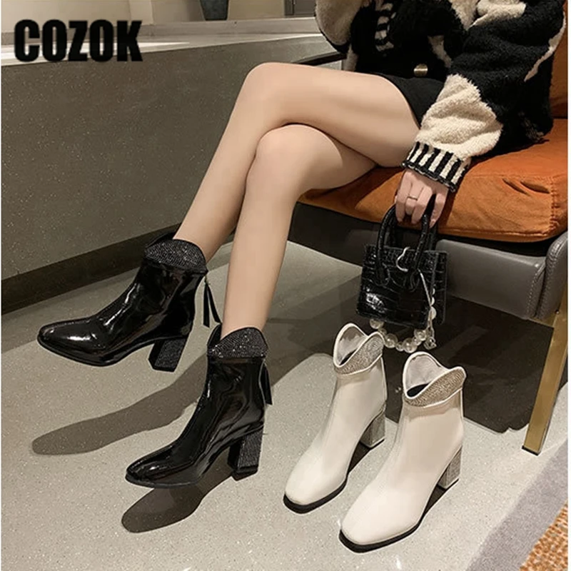 

2023 Winter Pointed Toe Gladiator Platform Boots Women Zipper Thick High Heels Dress Elegant Short Ankle Boots Ladies Shoes