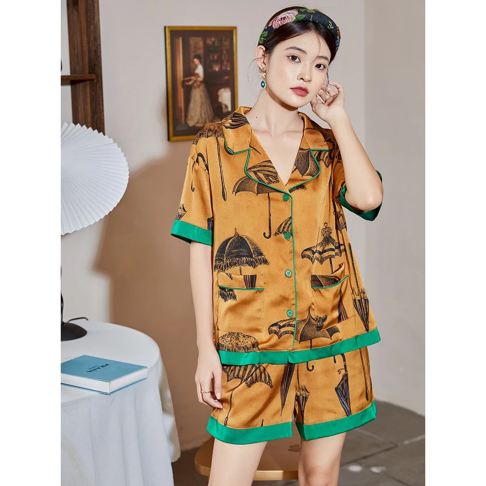 Maison Gabrielle 2022 Summer Chinoirserie Printed Pajamas Set Loungewear Sleepwear for Women 2 Pieces Silk Vintage Short Sleeves