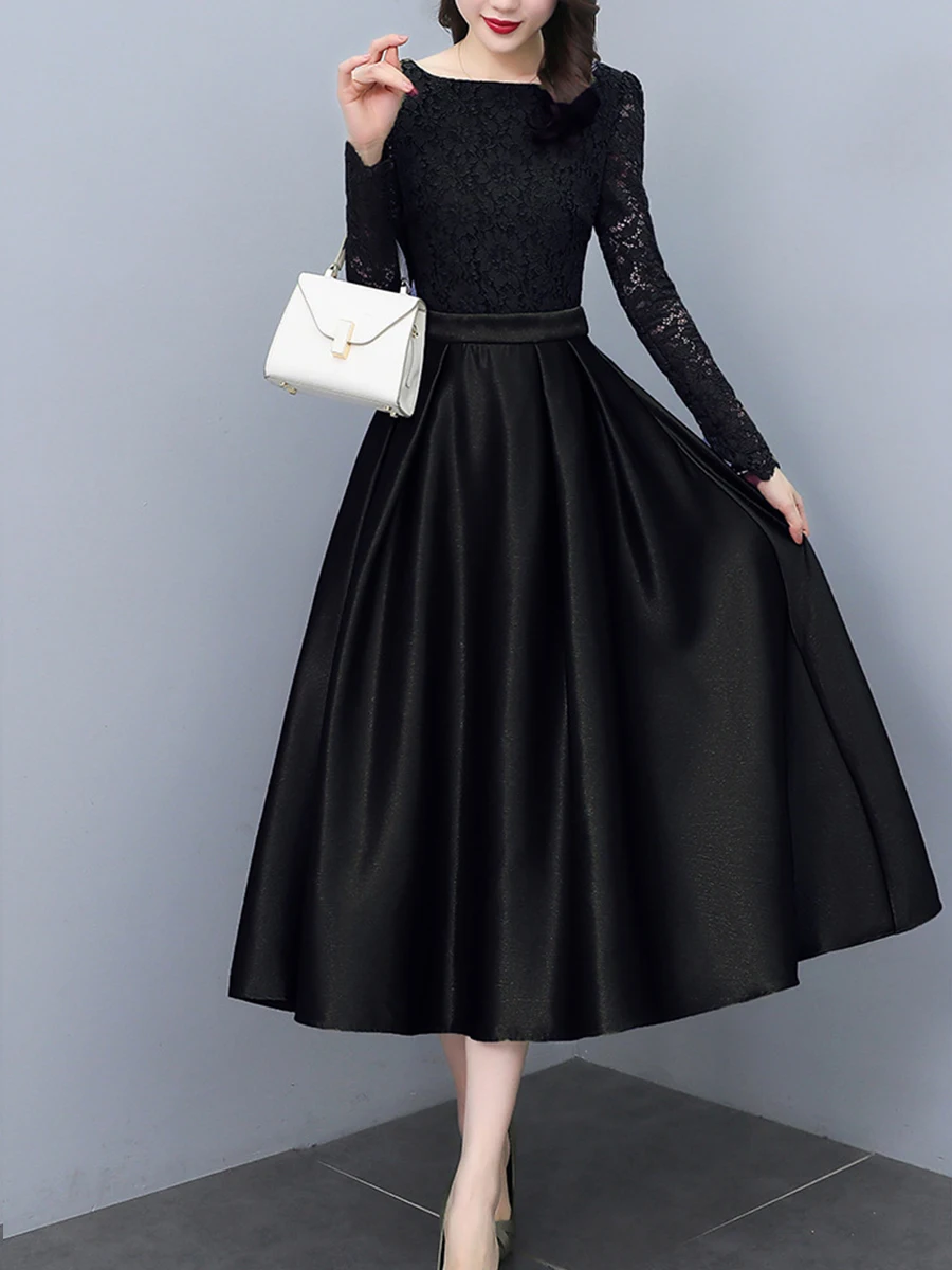 

Ladies Elegant Lace Dress Fashion Long Sleeve Pullover One Word Collar Slim Patchwork Spring Dresses For Ladies Mid-length 2022