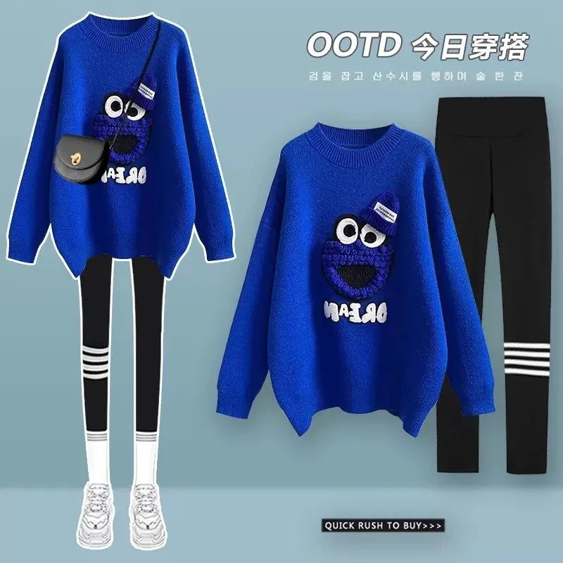 

Autumn winter blue warm knitted sweater Women black leggings pants two-piece set plus size streetwear