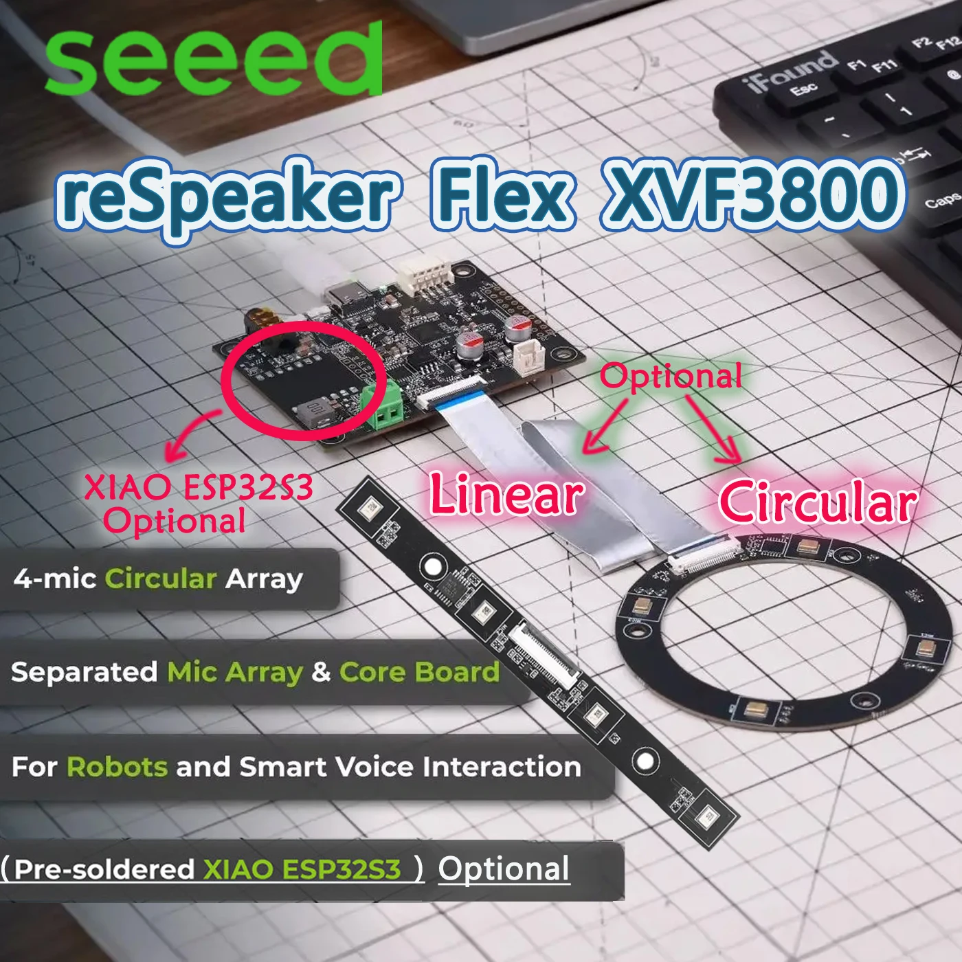 Фото reSpeaker Flex XVF3800 Круговой линейный микрофонный массив с 4 микрофонами и ИИ, 360° °   Захват голоса на больших расстояниях, USB/I2S для робототехники и воплощенного ИИ №1