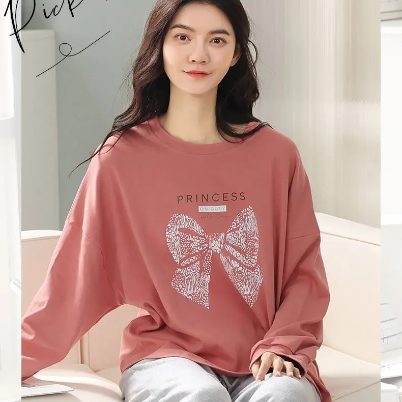Yasuk Spring Autumn Fashion Women's Casual Lovely Cotton Pocket Sleepwear Homewear Simple Pajamas With Pants Sweet Princess Bow