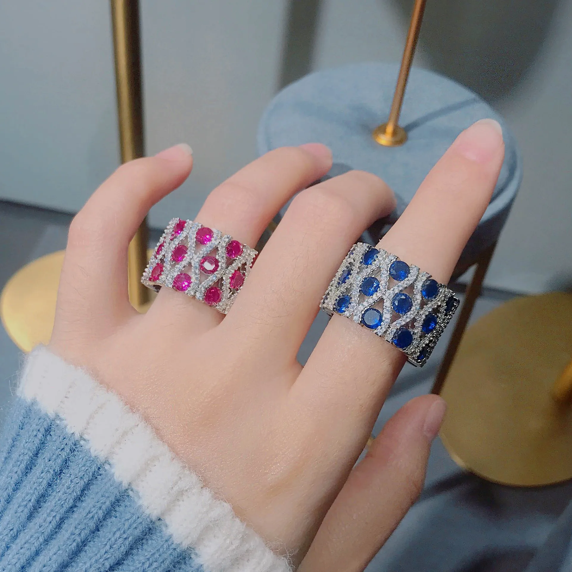 

Full Sapphire Ruby Promise Ring 925 Sterling silver Party Wedding Band Rings for women men Engagement Finger Jewelry Gift