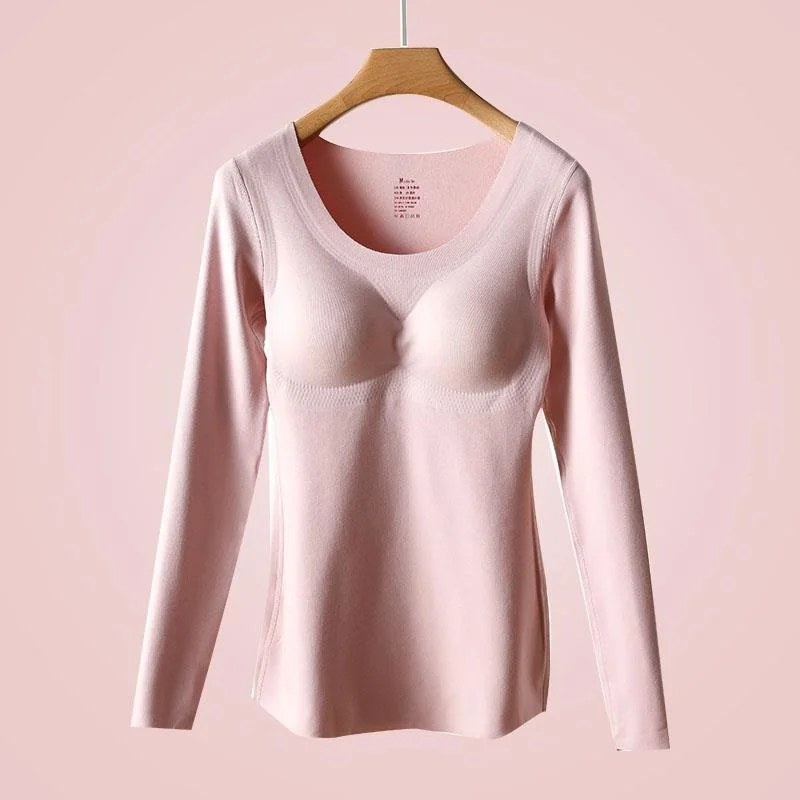 Dralon Thermal Underwear Women's Fleece Thickened Backing Shirt Solid Color Without Traces With Chest Cushion Winter