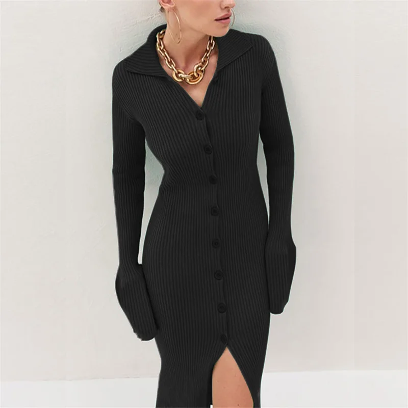 

Selling New Party Women Button Knitted Ankle-Length V-Neck Skinny Autumn Sexy Lapel Cardigan Flare Sleeves Striped Sweater Dress