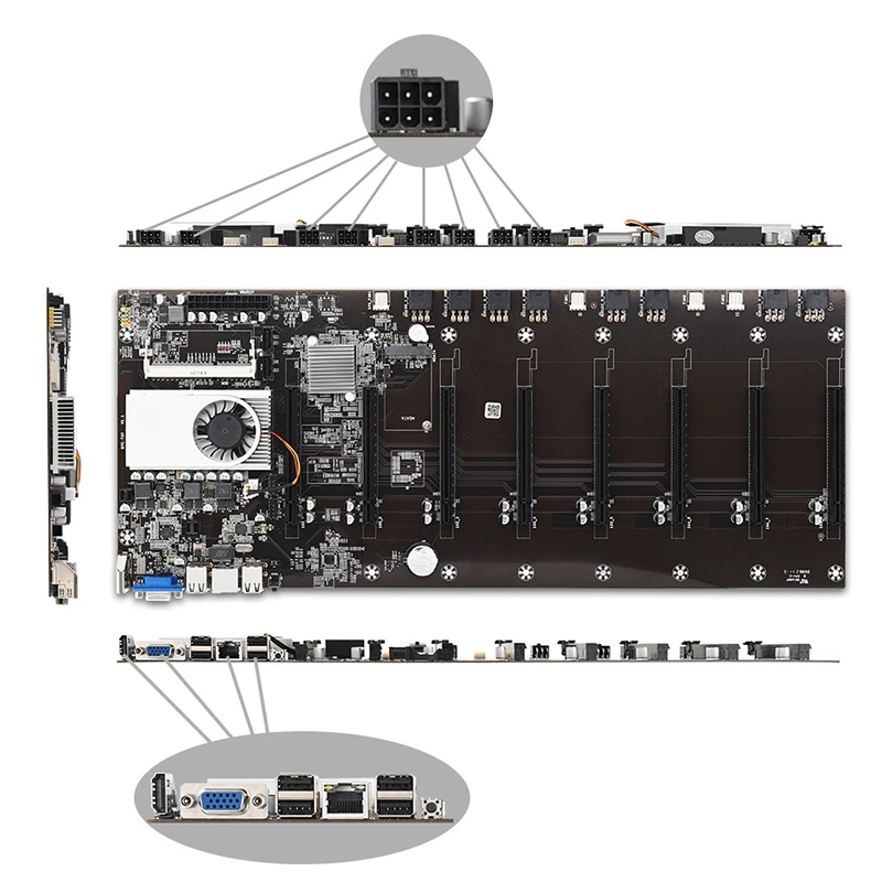 Riserless Mining Motherboard 8CPU Bitcoin Crypto Etherum with 8GB DDR3 128GB MSATA SSD 10X8Pin Power Cable(Black) |