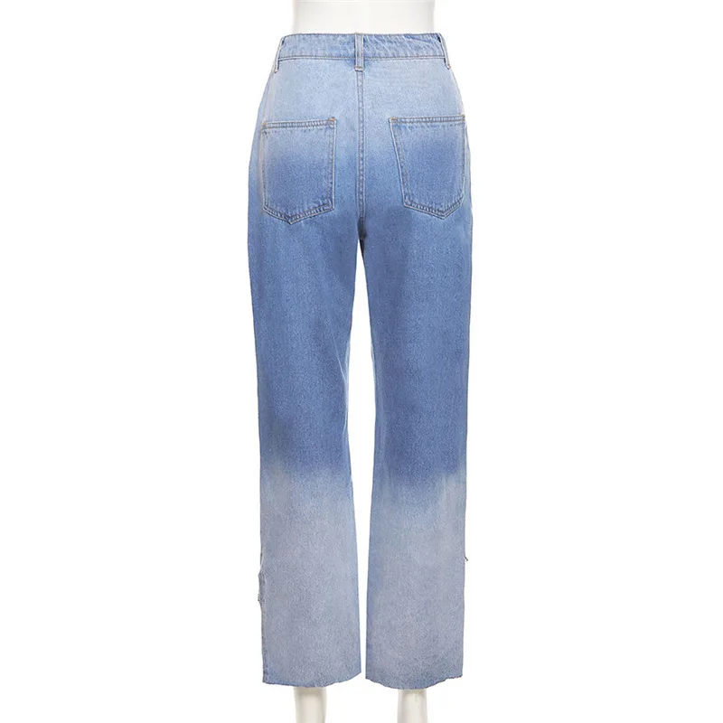 Spring and Summer Style Worn Buttons Women's Loose High-waisted Street Fashion Gradient Split Straight Jeans Women's Clothing