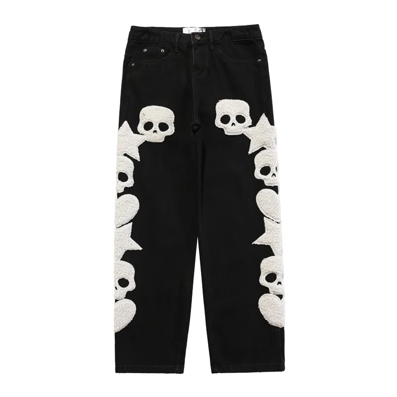 Men's Wear Autumn and Winter Loose Straight Cylinder Jeans Vintage Skeleton Towel Embroidery Comfortable Blue Trousers Female