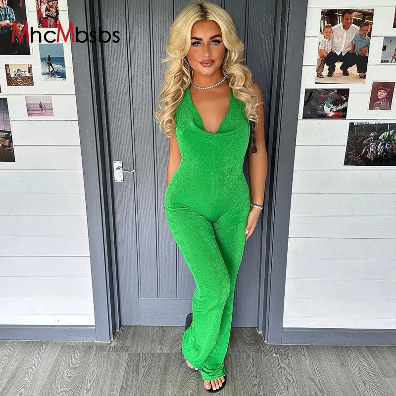 

Женский комбинезон с лямкой на шее, повседневный слитный комбинезон без рукавов, с низким вырезом на спине и расклешенными брюками, весна-осень 2023